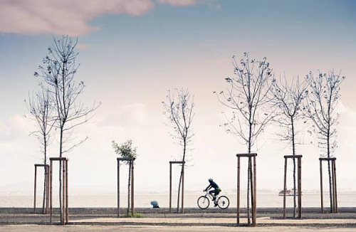 Woman bike rider at seaside in Tejo riverbank, Lisbon.